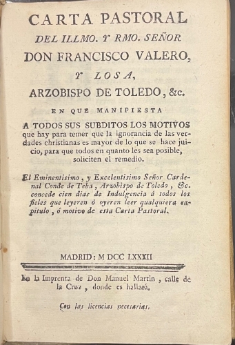 Portada de Carta Pastoral del Ilm. Y Rmo. D. Francisco Valero y Losa Arzobispo de Toledo - Francisco Valero y Losa 