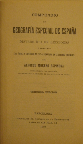 Portada de Compendio De Geograf�a Especial de Espa�a. - Alfonso Moreno Espinosa