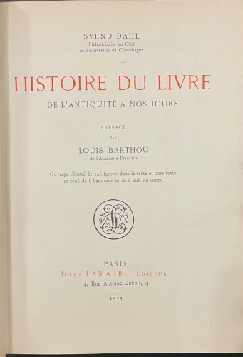 Portada de Histoire du Livre de L'antiquite a nos Jours - Svend Dahl