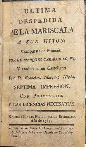 Portada de Ultima Despedida De La Mariscala a Sus Hijos - Caracciolo