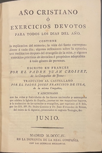 Portada de A�o Cristiano � Exercicios Devotos Para Todos los D�as Del A�o. Junio - Juan Croiset