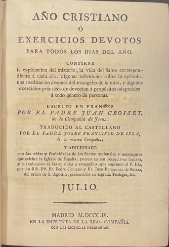 Portada de A�o Cristiano � Exercicios Devotos Para Todos los D�as Del A�o. Julio - Juan Croiset