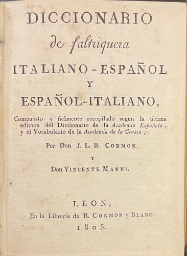 Portada de Diccionario De Faltriquera Italiano-Espa�ol. Tomo Primero - Cormon y Manni