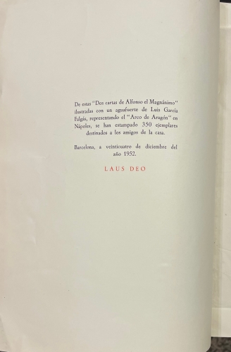 Portada de Felicitaci�n De Navidad De La Sociedad An�nima Horta De Impresiones y Ediciones Para El A�o 1953 Con Dos Cartas De Alfonso El Magn�nimo a La B�squeda De Un Libro y Un Aguafuerte De Luis Garcia Falg�s