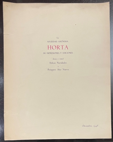 Portada de Felicitaci�n De Navidad De La Sociedad An�nima Horta De Impresiones y Ediciones Para El A�o 1948 Ilustrada Con Un Aguafuerte Original De Pedro Riu