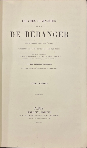 Portada de Oeuvres Compl�tes De P.J. De B�ranger. Tome Premier - Beranger