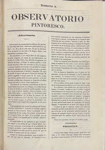 Portada de Observatorio Pintoresco. 1� serie 17 numeros, 2� serie 12 n�. Completo. - Director Basilio Sebastian Castellano