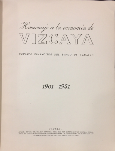 Portada de Homenaje a La Econom�a De Vizcaya. Revista Financiera Del Banco De Vizcaya. 1901-1951
