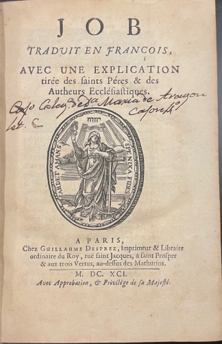 Portada de JOB, traduit en Francois avec une explication tiree des saints Peres y des Autheurs Ecclesiastiques