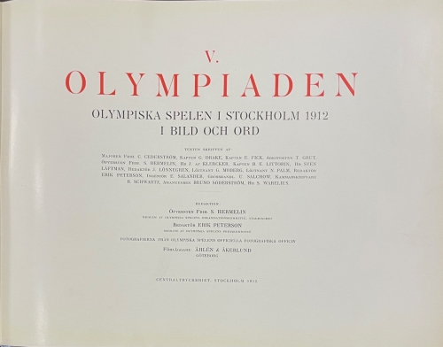 Portada de V. Olympiaden. Olympiska Spelen I Stockholm 1912. Olympic Games Stockholm 1912. Jeux Olympiques Stockholm 1912 - Hemerlin. Erik Peterson.