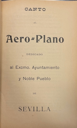 Portada de A�rio-Plano. Carmen. Canto al Aeroplano. Dedicado al Excmo. Ayuntamiento y Noble Pueblo De Sevilla