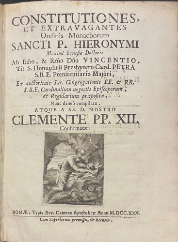 Portada de Constitutiones et extravagantes ordinis Monachorum Sancti P. Hieronymi Ab Emo. & Rmo. D�o Vincentio....