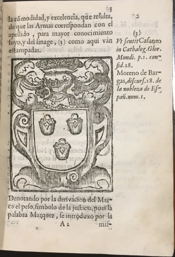 Portada de Compendio del Origen, Antiguedad, y Nobleza de la Familia, y Apellido de Marquez, con la noticia de los Escudos de sus Armas y de la de algunos Linages, y Apellidos Nobles destos Reynos de Espa�a - Agustin Laurencio de Padilla