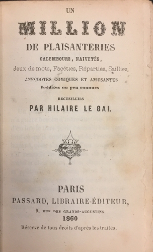 Portada de Un Million de B�tises et de Traits D' Esprit. Un Million de Bouffonneries ou le Blagorama Fran�ais. Un Million de Plaisanteries - Hilaire Le Gai. Commerson