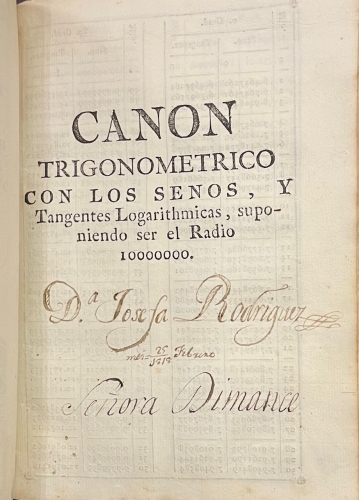 Portada de Tratado de Trigonometria Plana y Esf�rica. Canon Trigonom�trica. (Seminario de San Telmo de Sevilla, Compa�ia de Cavalleros Guardias Marinas) - Antonio Gabriel Fernandez