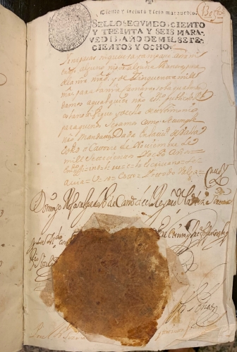 Portada de Real Carta Ejecutoria ganada a pedimento de D. Juan Ochoa de Talledo vecino de Castro Urdiales del pleito con D. Miguel de Rado sobre las Casas Principales de la Rua Mayor que fund� D�a. Teresa Martinez de Zurbano. 1708