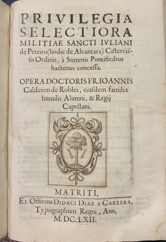 Portada de Difiniciones de la Orden y Cavalleria de Alcantara con la Historia y Origen de Ella