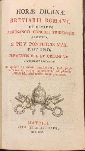 Portada de Horae Diurnae Breviarii Romani, ex decreto Sacrosancti Concilii Tridentini Restituti S. PII V. Pontificis Max. Clementis VIII et Urbani VIII