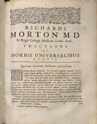 Portada de Phthisiologia sive Tractatus de Phthisi. Tractatus de Morbis Universalibus Acutis. Phthisiologia Lancastriensis cui accessit Tentamen Philosophicum de Mineralibus Aquis - Richard Morton. Caroli Leigh