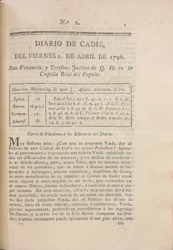 Portada de Correo de Cadiz. Postillon del Correo de Cadiz. Diario de Cadiz. 1795-1796. 
