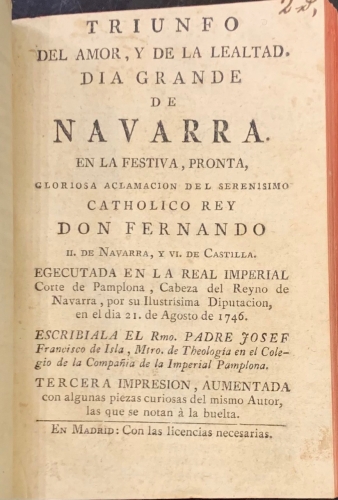 Portada de Madrid por adentro y el Forastero Instruido y Desenga�ado. El Erudito Investigador. Triunfo del Amor y del Lealtad. Dia Grande de Navarra. Arte de Conservar y Arreglar los Relojes de muestra. Sue�o - M. Goguet. Josef Francisco de Isla. Pedro Marechal. Pedro Marechal. 