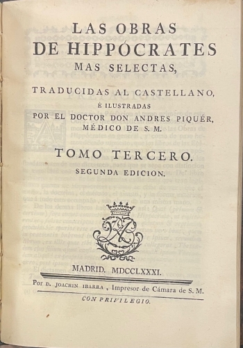 Portada de Las Obras de Hipocrates mas selectas - Hipocrates. Andres Piquer
