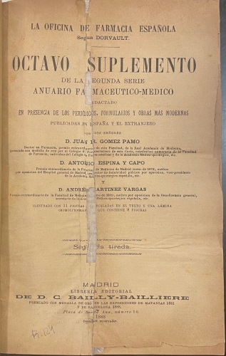 Portada de La Oficina de Farmacia Espa�ola seg�n Dorvault. Suplementos de la Segunda Parte - Jos� Pontes y Rosales