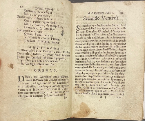 Portada de Divoti Ossequi per celebrare con profitto spirituale i sette venerdi ad onore dell'Apostolo S. Vincenzo Ferreri dell'Ordine de Predicatori. San Vicente Ferrer