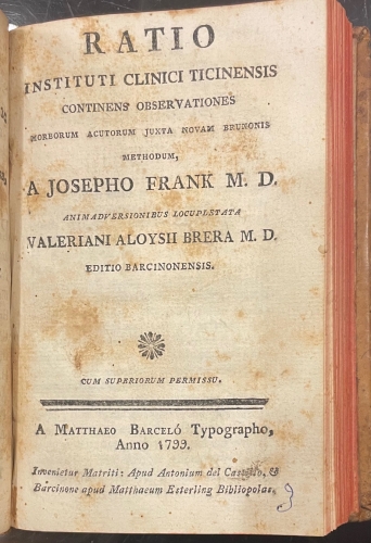 Portada de Practica de las Enfermedades Ast�nicas o de Debilidad fundada en la experiencia y en la doctrina browniana. Opusculo 11 y 12. Ratio Instituti Clinici Ticinensis. Tomo I - Vicente Mitjavila. Joseph Frank
