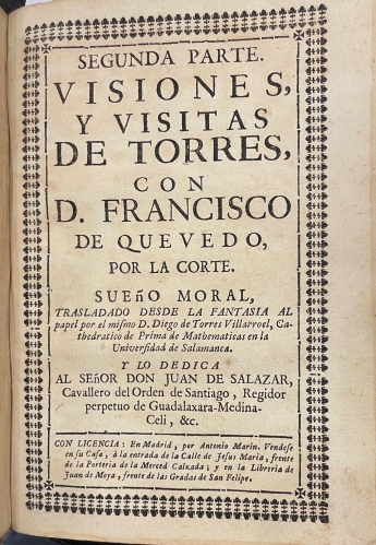 Portada de Recetas de Torres a�adidas a los remedios de cualquier fortuna y a las desdichas que consolaron Lucio Aneo Seneca, Don Francisco de Quevedo y Don Francisco Arias Carrilo/ Montante Christiano y Pol�tico, en pendencia musica-medica-diabolica/ Posdatas de Torres a Martinez, en la respuesta a Don Juan Barroso sobre la Carta Defensiva que escrivi� al Rmo. Padre Fray Benito Feijoo/ Antitheatro Delphico judicial jocosero al Theatro Critico Universal/ Entierro del Juicio Final y Vivificaci�n de la Astrologia/ Cartilla Rustica, Phisica Visible y Astrologia Innegable / Visiones y Visitas de Torres con D. Francisco de Quevedo por la Corte - Diego de Torres Villarroel. Geminiano Zafra Ciscodexa