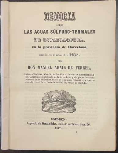 Portada de Memoria Sobre Las Aguas S�lfuro-Termales De Esparraguera, En La Provincia De Barcelona, Conocidas Con El Nombre De La Puda - Manuel Arn�s De Ferrer