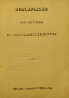 Portada de libro Reglamento para los cuerpos de voluntarios realistas