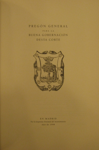 Portada de Preg�n General para la Buena Gobernacion desta Corte, facsimil del de 1585