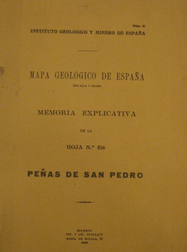 Portada de Mapa Geol�gico de Espa�a, Escala 1: 50.000. Memoria explicativa de la hoja n� 816, Pe�as de San Pedro. Albacete