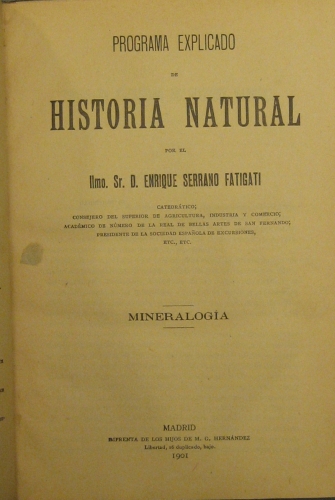 Portada de Programa Explicado de Historia Natural. Mineralogia, Botanica, Zoologia y Geologia.  - D. Enrique Serrano Fatigati