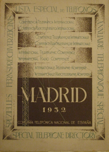 Portada de Lista Especial de Telefonos. Conferencia Telegrafica Internacional. Madrid 1932