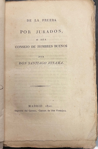 Portada de De la Prueba por Jurados o sea Consejo de Hombres Buenos - Santiago Jonama