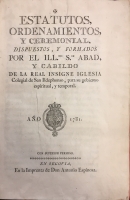 Portada de libro Estatutos, Ordenamientos, y Ceremonial, dispuestos y formados por el...