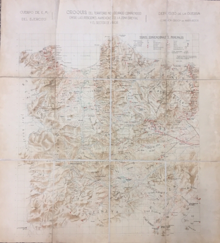 Portada de Croquis del Territorio no ocupado comprendido entre las posiciones avanzadas de la zona oriental del Protectorado Espa�ol en Marruecos y el Sector de Axdir. Deposito de la Guerra. Comisi�n Geogr�fica de Marruecos. Escala 1: 100.000