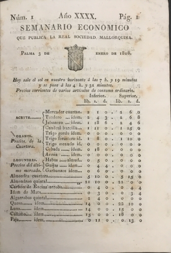 Portada de Semanario Econ�mico que publica la Real Sociedad Mallorquina. A�o 1818