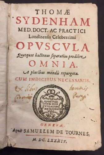 Portada de Opuscula Omnia: Dissertatio Epistolaris de Observationibus Nuperis circa Curationem Variolarum Confluentium, nec non de affectione Hysterica. Tractatus de Podragra et Hydrope. Epistolae Responsoriae, de Morbis Epidemicis, Luis Venereae Historia & Curatione - Thomas Sydenham