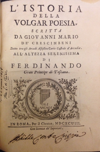 Portada de L' Istoria della Volgar Poesia - Giovanni Mario De' Crescimbeni