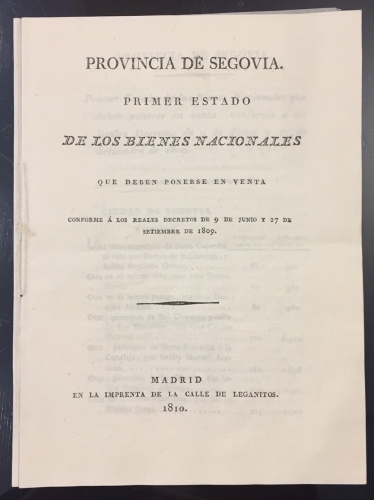 Portada de Provincia de Segovia. Primer Estado de los Bienes Nacionales que deben ponerse en venta conforme � los Reales Decretos de 9 de Junio y 27 de Septiembre de 1809