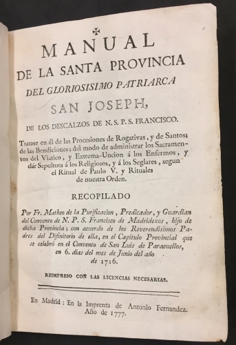 Portada de Manual de la Santa Provincia del Gloriosisimo Patriarca San Joseph, de los Descalzos de N.S.P.S. Francisco