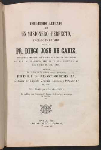 Portada de Verdadero Retrato de Un Misionero Perfecto, animado en la vida del V. P. Fr. Diego Jos� de C�diz - Luis Antonio de Sevilla