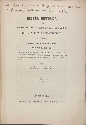 Portada de Rese�a Hist�rica de la Escolan�a � Colegio de M�sica de la V�rgen de Montserr�t en Catalu�a, desde 1456 hasta hoy d�a; con un cat�logo de algunos de los maestros que ha habido... - Baltasar Saldoni