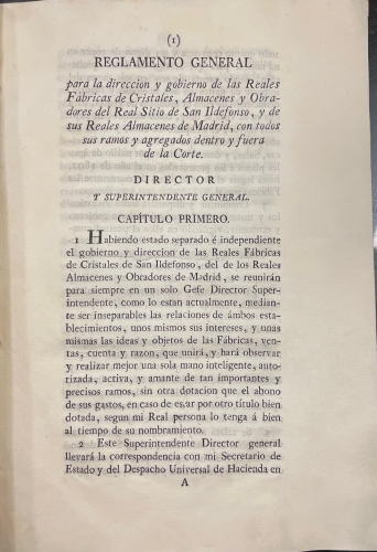 Portada de Reglamento General para la direcci�n y gobierno de las Reales F�bricas de Cristales, Almacenes y Obradores del Real Sitio de San Ildefonso, y de sus Reales Almacenes de Madrid, con todos sus ramos y agregados dentro y fuera de la Corte