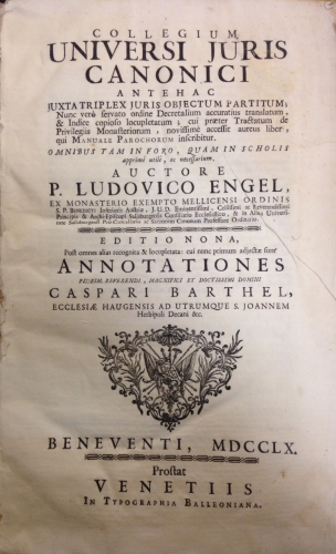 Portada de Collegium Universi Juris Canonici. Antehac Juxta Triplez Juris Objectum Partitum - Ludovico Engel