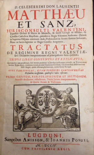 Portada de Tractatus de Regimine Regni Valentiae - Lorenzo Matheu y Sanz