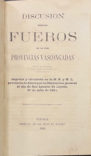 Portada de Discusi�n sobre los Fueros de las Tres Provincias Vascongadas
